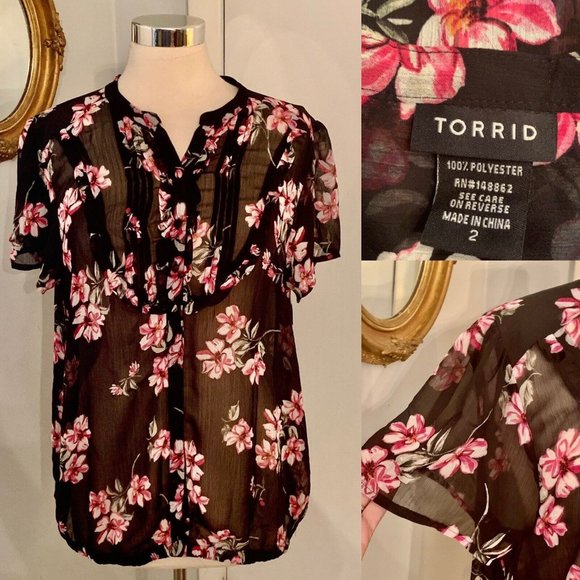Torrid Black Floral Bubble Hem Chiffon Blouse Size 2 2XL - Picture 5 of 11